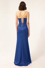 Long Satin Evening Dress With Women'S Stone Strap