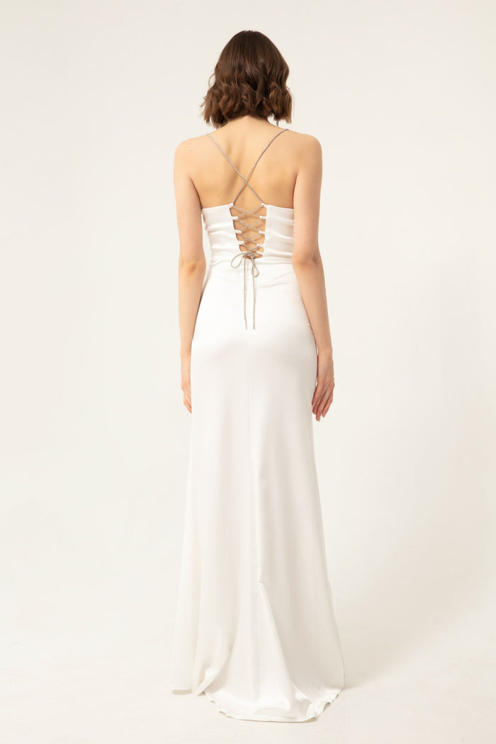 Long Satin Evening Dress With Women'S Stone Strap