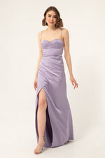 Long Satin Evening Dress With Women'S Stone Strap