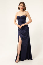 Long Satin Evening Dress With Women'S Stone Strap