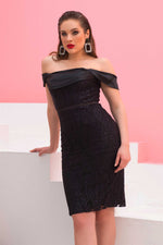 Angelino black lace satin sleeve short evening dress dress
