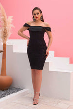 Angelino black lace satin sleeve short evening dress dress