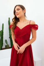 Angelino Burgundy Organze Low Sleeve Short Evening Dress