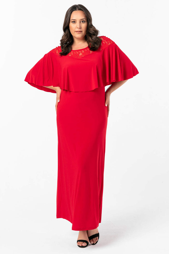 KL792 Lace Above Plus Size Long Evening Dress Red
