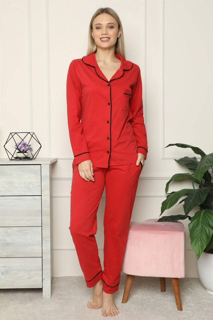 Women's 100% Cotton Combed Front Buttoned Long Sleeve Pajamas Suit 2714