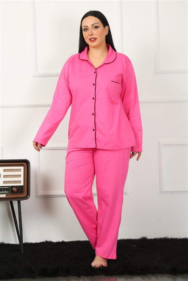 Women's Plus Size Front Buttoned Fuchsia Pajamas Set 202185