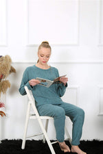 Women's Thick Long Sleeve Combed Cotton Indigo Pajamas Set 4131