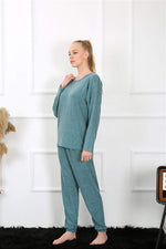 Women's Thick Long Sleeve Combed Cotton Indigo Pajamas Set 4131