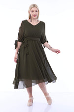 Angelino Plus Size Chiffon Evening Dress With Elastic Waist Tied Sleeves KL4017