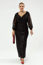 Angelino Plus Size Sleeves Fringed Long Sequined Evening Dress Black 8035