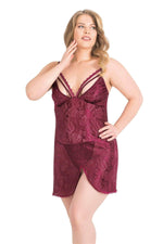Plus Size Burgundy Short Jacquard Nightgown