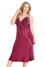Large Size Claret Red Long Double Satin Dressing Gown and Nightgown Set