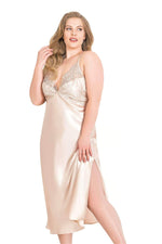 Large Size Ivory Long Double Satin Dressing Gown and Nightgown Set