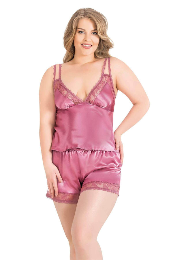 Large Size Dried Rose Satin Babydoll Shorts Set