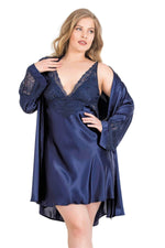 Large Size Navy Blue Short Double Satin Dressing Gown and Nightgown Set