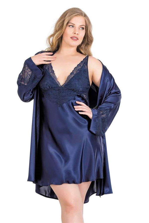 Large Size Navy Blue Short Double Satin Dressing Gown and Nightgown Set