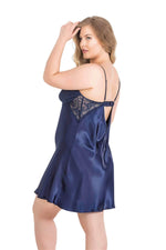 Large Size Navy Blue Short Double Satin Dressing Gown and Nightgown Set