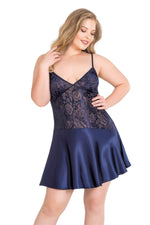Plus Size Navy Blue Short Satin Nightgown