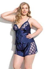 Large Size Navy Blue Satin Babydoll Shorts Set