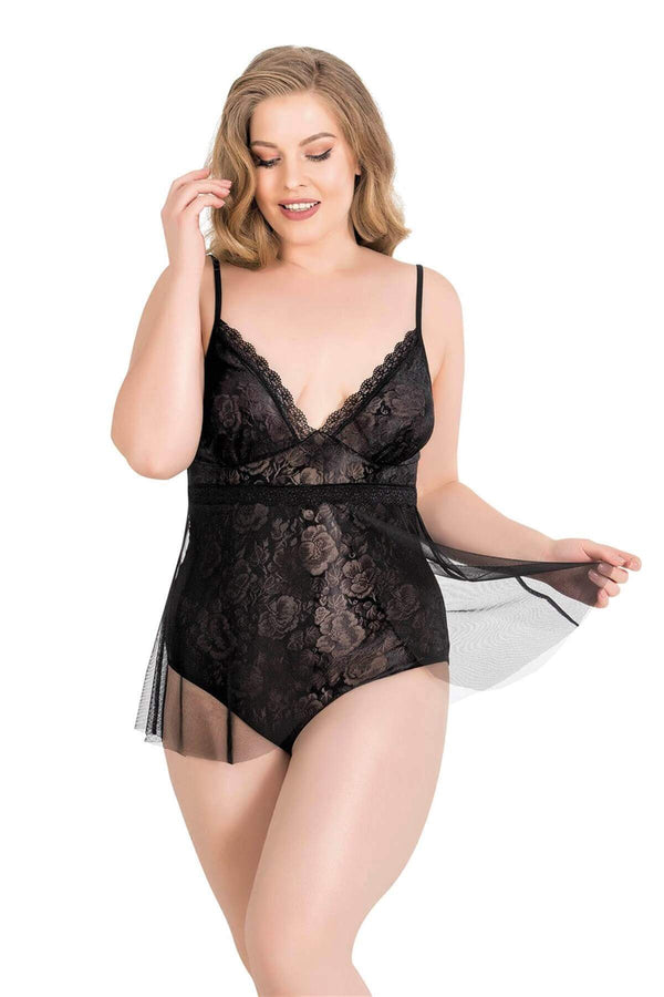 Large Size Black Bodysuit Jacquard Nightgown