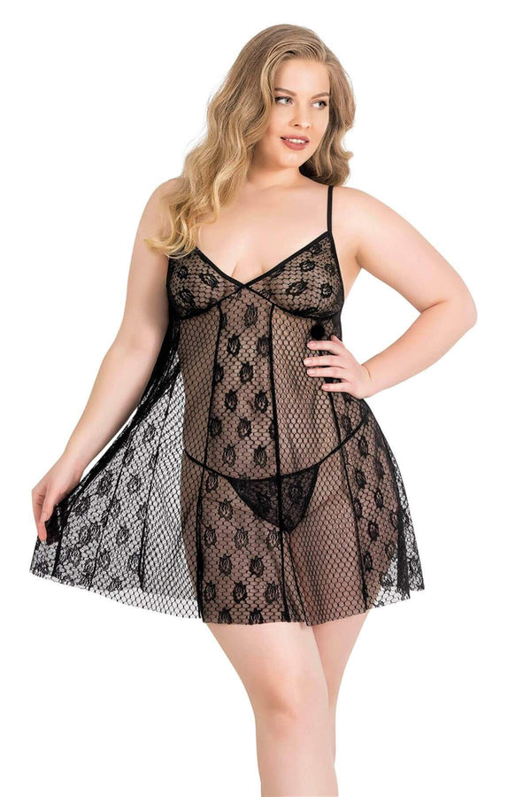 Plus Size Black Short Tulle Nightgown