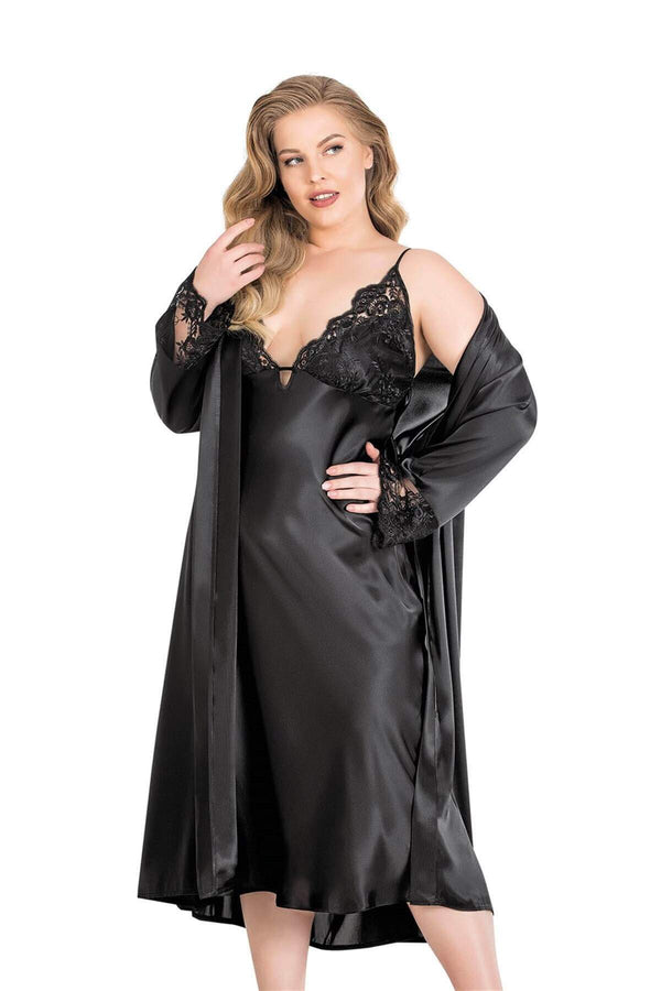 Large Size Black Long Double Satin Dressing Gown and Nightgown Set