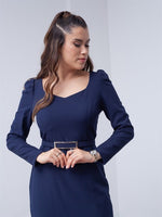 Atlas Fabric Heart Collar Arched Dress - Navy Blue