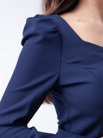 Atlas Fabric Heart Collar Arched Dress - Navy Blue