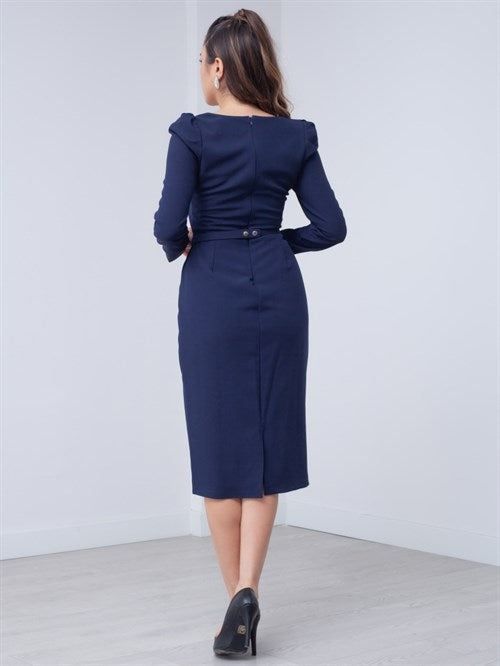 Atlas Fabric Heart Collar Arched Dress - Navy Blue