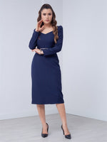 Atlas Fabric Heart Collar Arched Dress - Navy Blue
