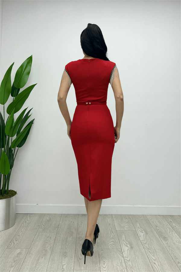 Atlas Fabric Shoulder Stone Tassel Dress - Red