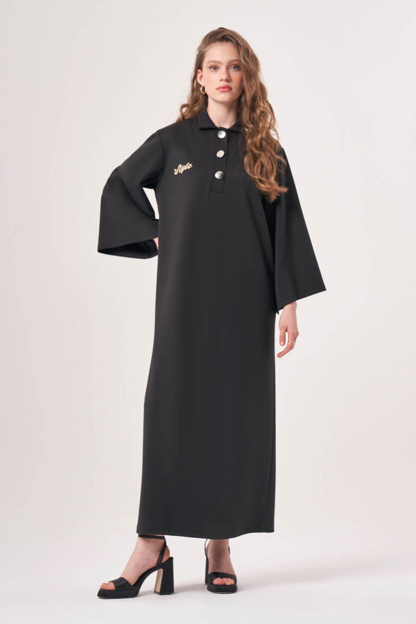 Printed Polo Neck Black Dress