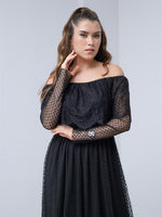 Lace Dress With Waist Rubber - Black