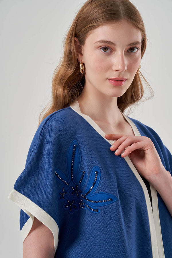 Embroidery Ecru/Blue Knitwear Cardigan