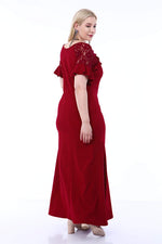 Plus Size Evening Dress Shoulder Guipure Short Sleeve Frill Detailed Scuba Long Dress 8013