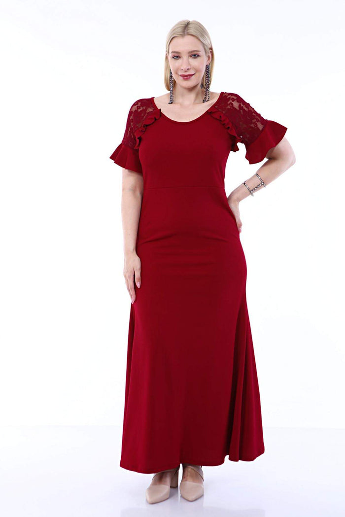 Plus Size Evening Dress Shoulder Guipure Short Sleeve Frill Detailed Scuba Long Dress 8013