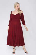Large Size Shoulder Strap Evening Dress Silvery Short Dress 91-7005 Claret Red