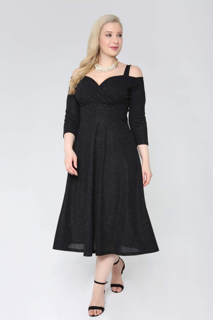 Large Size Shoulder Strap Evening Dress Silvery Short Dress 91-7005 Black