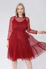Plus Size Polka Dot Tulle Evening Dress 1641 claret red
