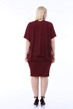 Plus Size Silvery Evening Dress Skirt Claret Red Jacket 2 Piece Suit 91-0615