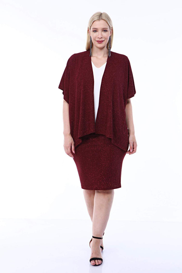 Plus Size Silvery Evening Dress Skirt Claret Red Jacket 2 Piece Suit 91-0615