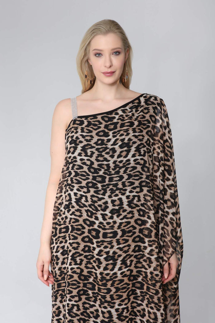 Plus Size One Shoulder Leopard Chiffon Dress 6060U