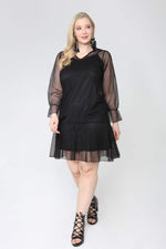 Plus Size Tulle Detail Short Evening Dress PNR4633 Black