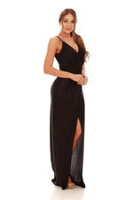 Angelino Black Laky Chiffon Cruve Slit Evening Dress