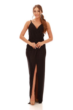 Angelino Black Laky Chiffon Cruve Slit Evening Dress