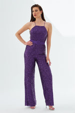 Plum Sequined Belted Long Jumpsuit