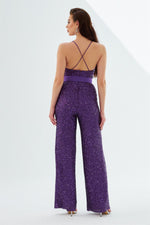 Plum Sequined Belted Long Jumpsuit