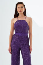 Plum Sequined Belted Long Jumpsuit