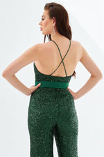 Emerald Sequined Belted Long Jumpsuit