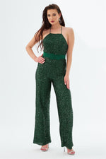 Emerald Sequined Belted Long Jumpsuit